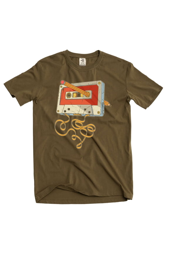 Men's funny cassette and pencil T-shirt 80s 90s born millennials tee shirt (Large Military Green)
