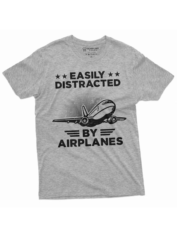 Men's funny easily distracted by airplanes T-shirt pilot gift funny planes aircrafts engineer tee (Large Grey)