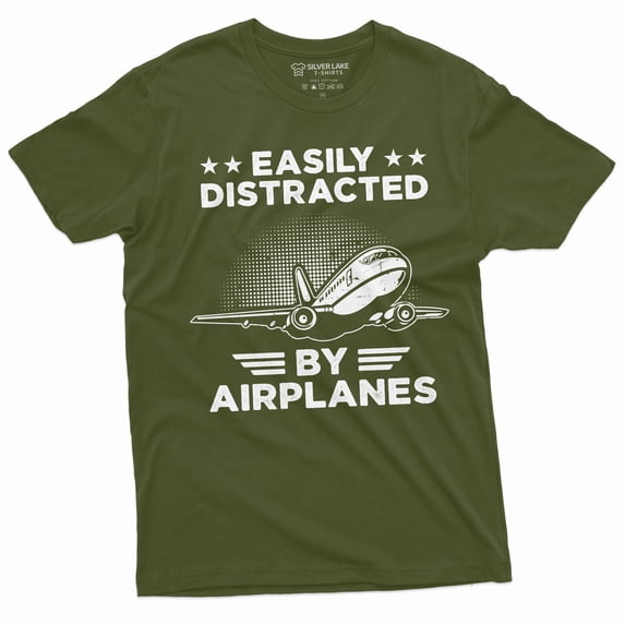 Men's funny easily distracted by airplanes T-shirt pilot gift funny planes aircrafts engineer tee (Small Military Green)