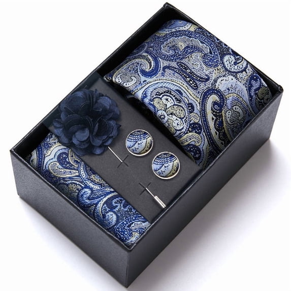 Men's gift set including tie, pocket square, cufflinks, tie pin, and boutonniere (with gift box)