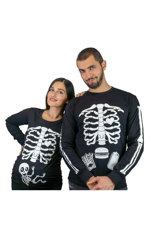 Men's glow in the dark skeleton ribcage long sleeve shirt Halloween costume glowing tee (Mens Large)