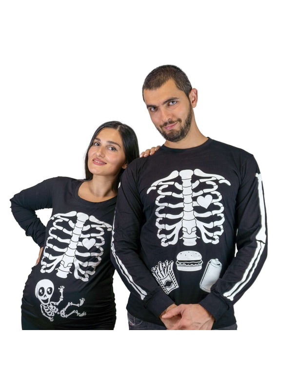 Men's glow in the dark skeleton ribcage long sleeve shirt Halloween costume glowing tee (Mens X-Large)