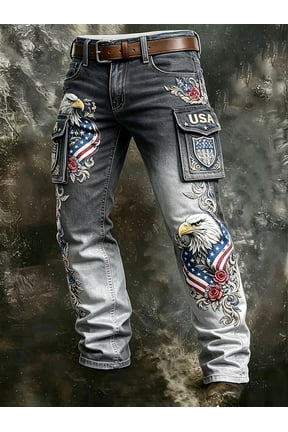 Men's gradient eagle pattern printed workwear jeans, American vintage style design, shaping a unique and unrestrained masculine temperament, suitable for going out and vacation occasions