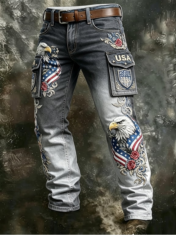 Men's gradient eagle pattern printed workwear jeans, American vintage style design, shaping a unique and unrestrained masculine temperament, suitable for going out and vacation occasions