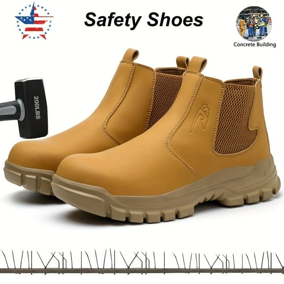 Men's heavy-duty steel-toe work boots - all-season safety shoes, featuring anti-tangling and anti-puncture midsoles, slip-resistant rubber outsoles and breathable uppers, laced high-top round