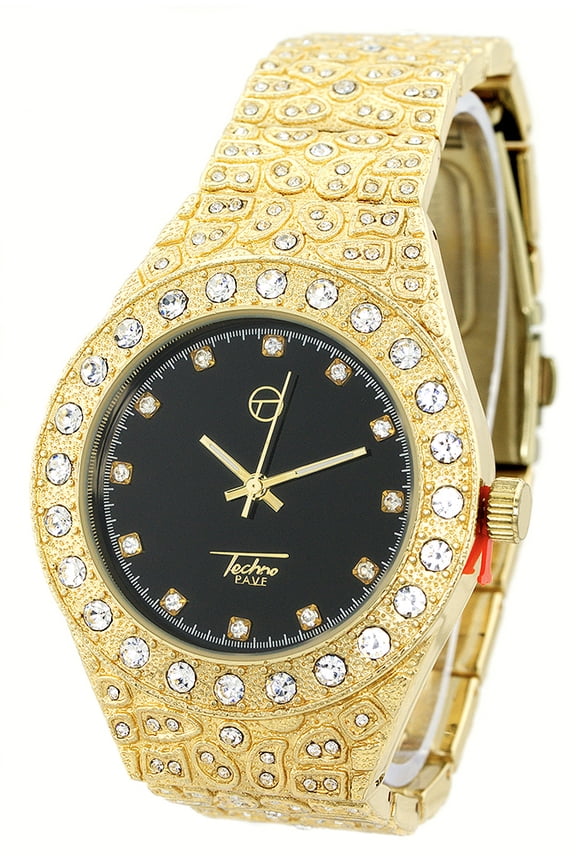 Men's heavy gold tone Nugget clubbing watch Black dial 43 mm case.
