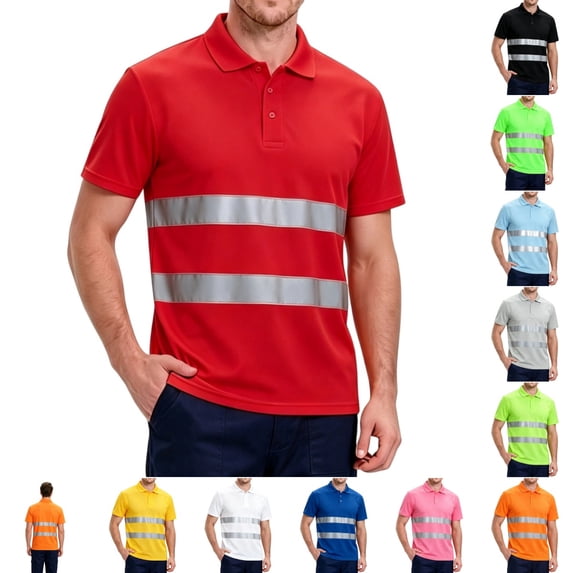 Men's high vis shirts Quick Dry Hi Vis Reflective Safety Short Sleeve Polo Shirts Construction Work Shirts with Reflective Strips Red 2XL