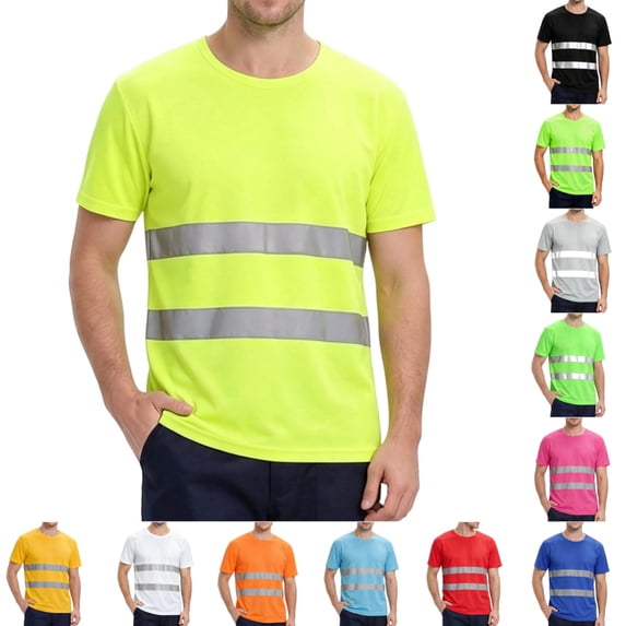 Men's high vis shirts Quick Dry Hi Vis Reflective Safety Short Sleeve Shirts Construction Work Shirts with Reflective Strips Fluorescent Green M