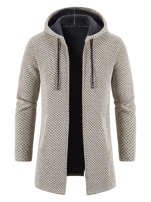 Men's hooded jacket, autumn and winter fleece mid-length, casual zipper drawstring pocket outdoor business wear