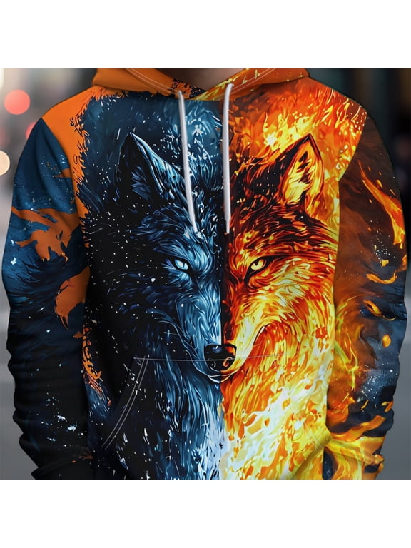 Men's hooded sweatshirt casual flame ice wolf print jacket, polyester knit fabric, machine washable, with drawstring and pockets, suitable for daily wear