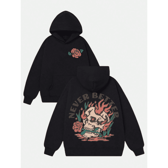 Men's hoodie with a vintage skull and rose "Never Better" graphic print, perfect for fall.(S)