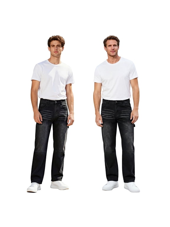 Men's Black Carpenter Jeans, Relaxed Fit Straight Leg Work Pants, Durable Double Knee Utility Jeans with Multi Pockets, Breathable Comfortable Casual Denim Pants for Work, Construction, Daily