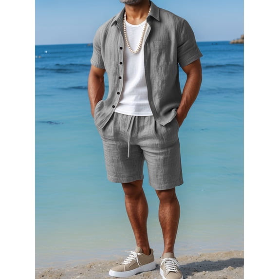 Men's khaki printed short-sleeve shirt and shorts two-piece set, breathable and loose with drawstring, casual outfit for island vacations, beach, everyday outings, summer versatile men's wear