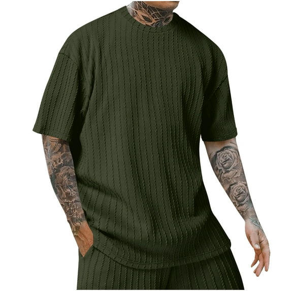 Men's knitted short-sleeved T-shirt casual round neck, cotton stretch pullover texture solid color round neck T-shirt
