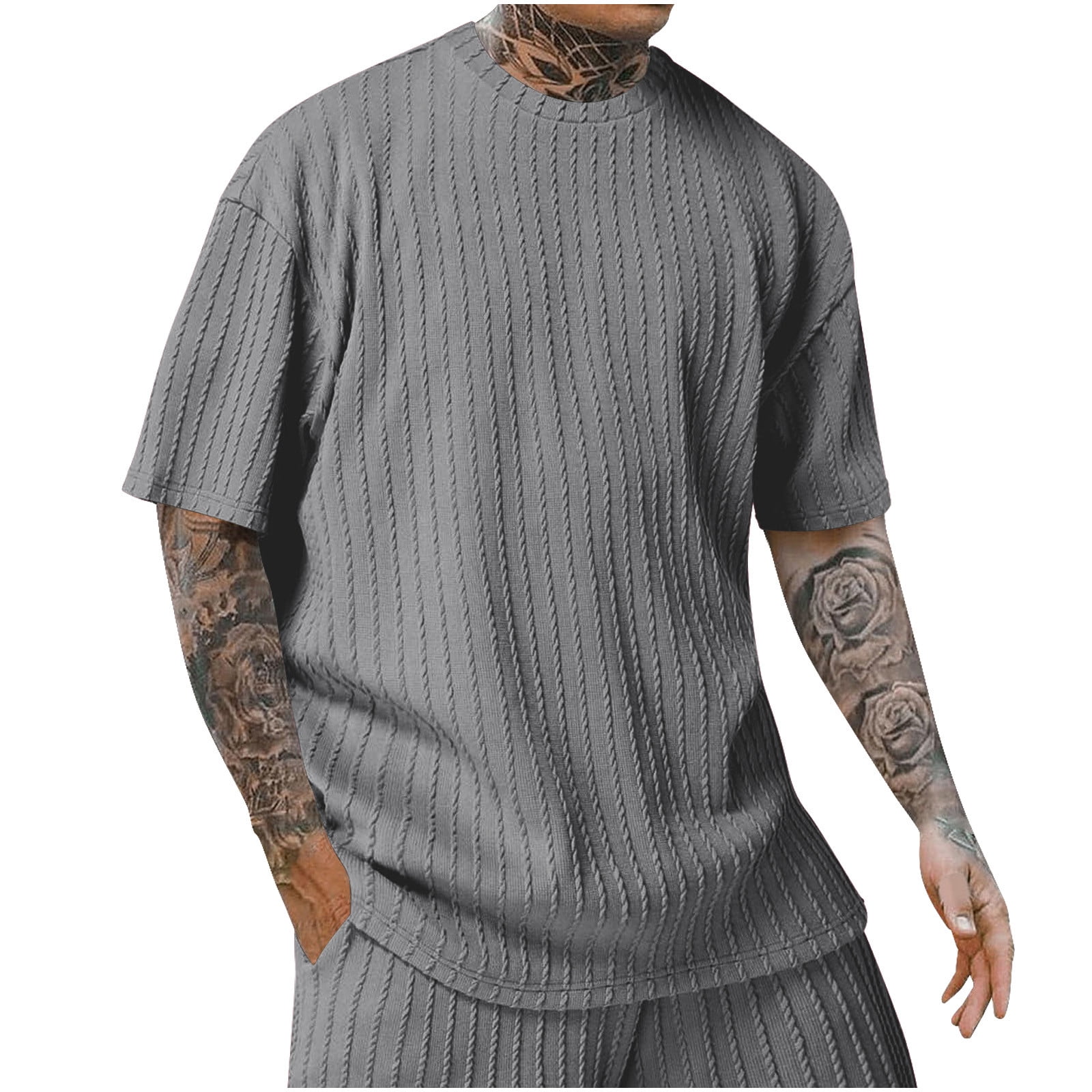 Men's knitted short-sleeved T-shirt casual round neck, cotton