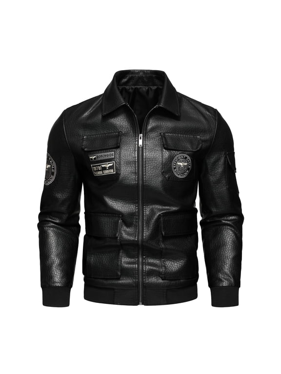 Men's lapel embroidered coat casual motorcycle style PU leather jacket multi-pocket workwear style suitable for daily commuting party