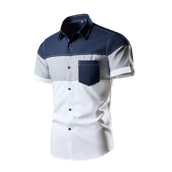 Men's lapel regular short-sleeved shirt Button casual unique stitching shirt