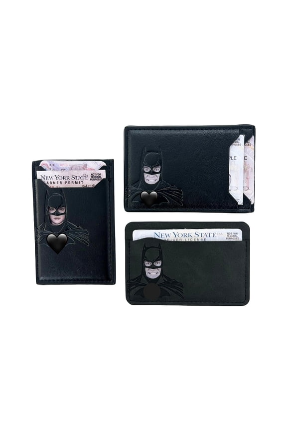 Men's leather bat wallet, superhero card holder, multiple card slots, cutout face eyes, short business card holder, personalized ID wallet (black)