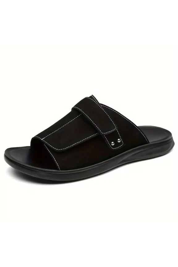 Men's leather flat sandals, casual open-toe, comfortable support, soft arch sole, slip-on orthopedic design, lightweight and non-slip summer walking beach sandals