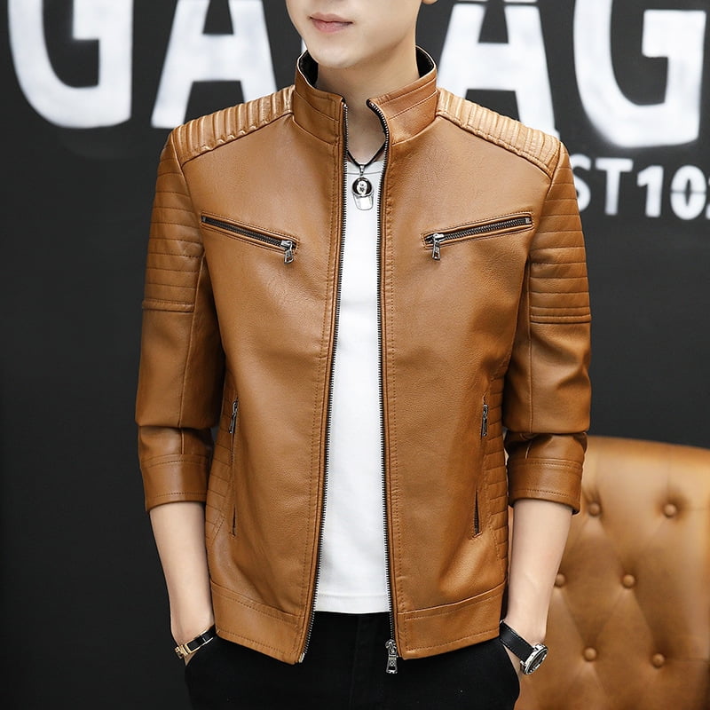 Men's leather jacket spring and autumn stand collar leather