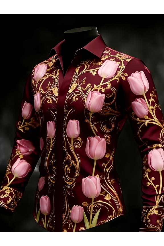Men's light luxury color-block red tulip floral print long-sleeve button-up shirt, breathable satin texture dress shirt, suitable for weddings, parties, business, and formal casual occasions