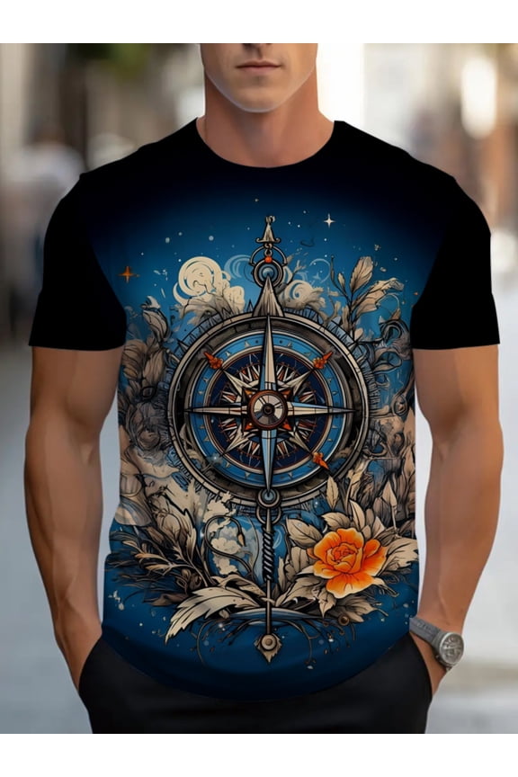 Men's lightweight polyester 3D T-shirt with a compass pattern design, perfect for outdoor activities. Perfect for travel and adventure