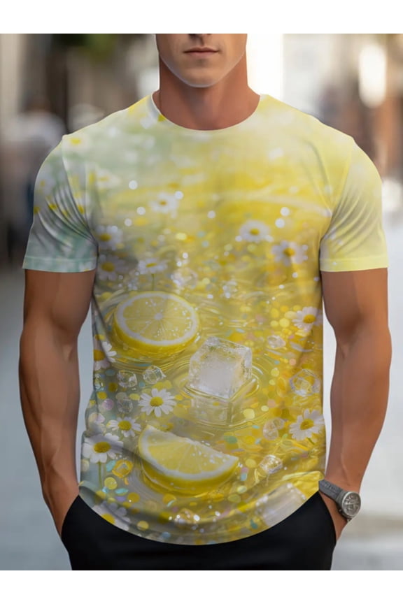 Men's lightweight polyester 3D lemon pattern T-shirt for restaurant attire. Durable and comfortable, it's perfect for casual dining, summer outings or indoor activities