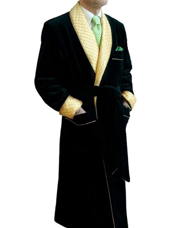 Men's long Smoking Jacket Black Velvet Robe Quilted Robe Dressing Gown