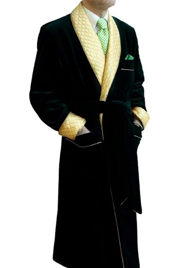 Men's long Smoking Jacket Black Velvet Robe Quilted Robe Dressing Gown