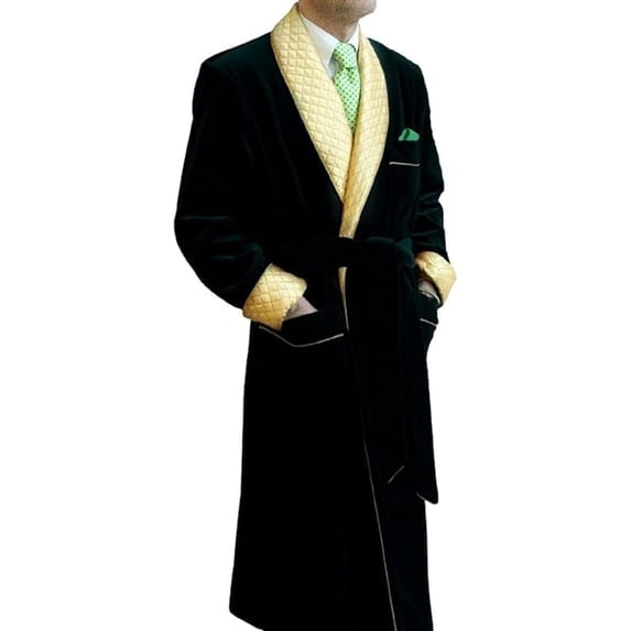 Men's long Smoking Jacket Black Velvet Robe Quilted Robe Dressing Gown