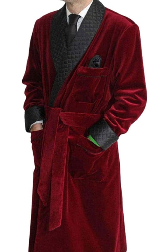 Men’s Long Velvet Robe with Quilted Shawl Collar, Luxury Smoking Robe with Belt, Soft Plush Dressing Gown, Maroon & Black