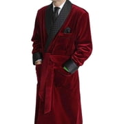 Men s Long Velvet Robe with Quilted Shawl Collar, Luxury Smoking Robe with Belt, Soft Plush Dressing Gown, Burgundy & Black