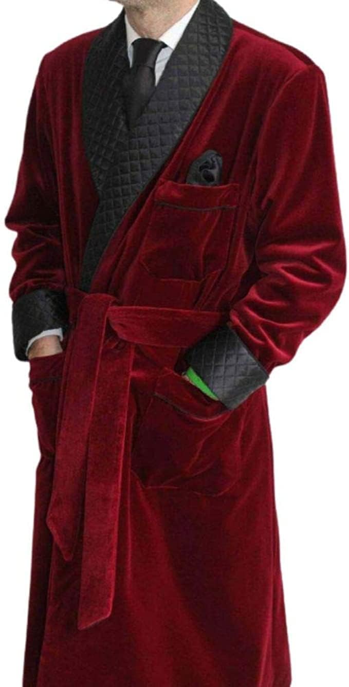 Men's long Smoking Jacket Maroon Velvet Robe Quilted Robe Dressing Gown