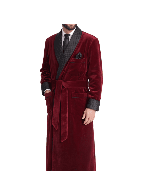 Men's long Smoking Jacket Maroon Velvet Robe Quilted Robe Dressing Gown