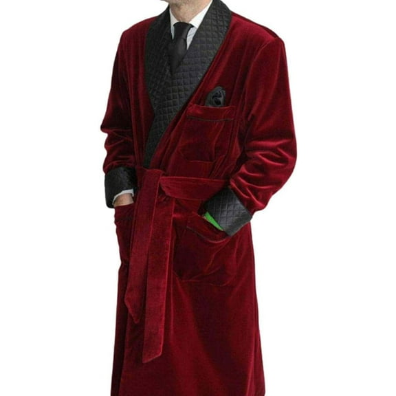 Men's long Smoking Jacket Maroon Velvet Robe Quilted Robe Dressing Gown