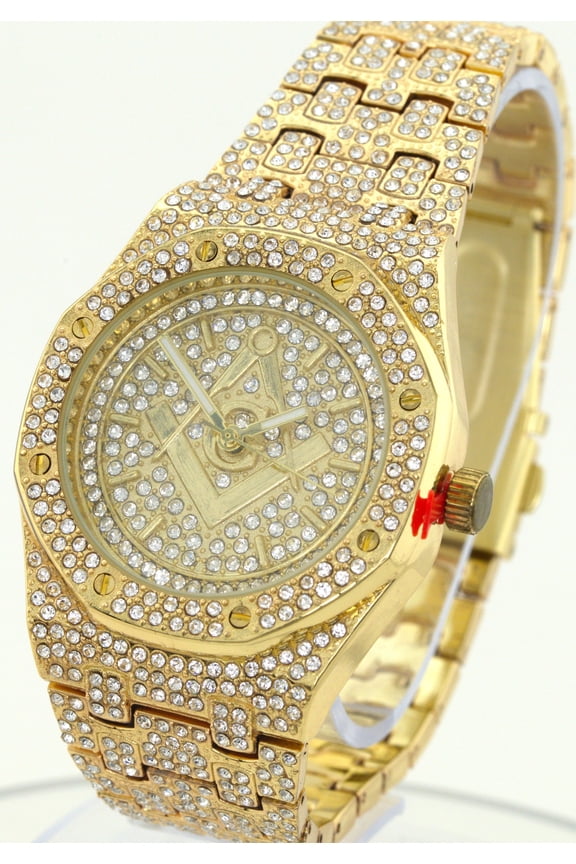 Men's masonic logo Gold tone CZ clubbing watch 41.5mm 11.5mm thick case.