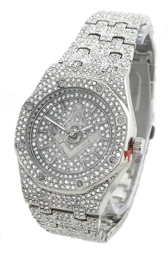 Men's masonic logo silver tone CZ clubbing watch 41.5mm 11.5mm thick case.
