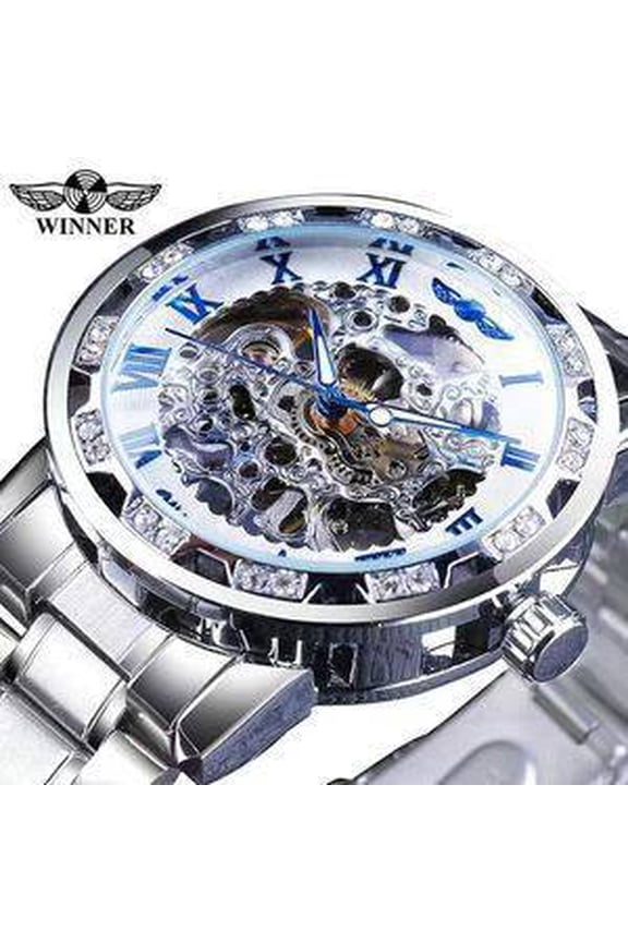 Men's mechanical automatic wristwatch, stylish casual hollow-out design with rhinestones, manual mechanical watch, trendy business style watch for men