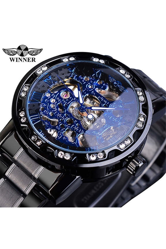 Men's mechanical automatic wristwatch, stylish casual hollow-out design with rhinestones, manual mechanical watch, trendy business style watch for men