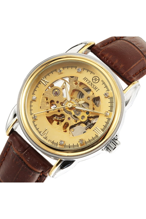 Men's mechanical watch, fully automatic, European and American style, with PU leather strap or steel band, hollow design, fashionable wristwatch for men