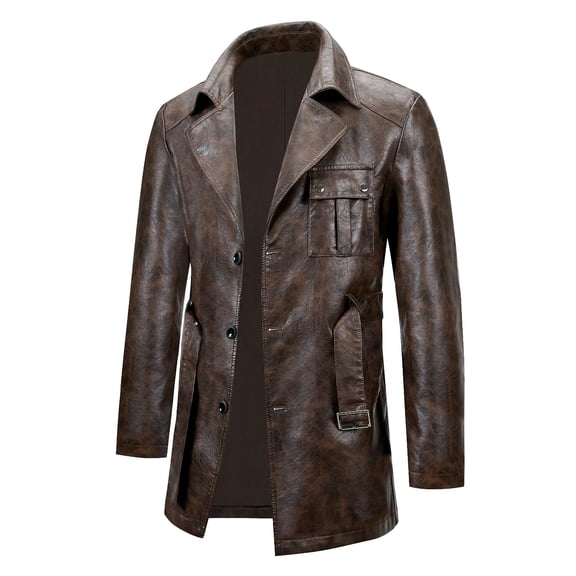 Men's mid-length single-breasted lapel coat, vintage chest single pocket design with belt PU leather jacket