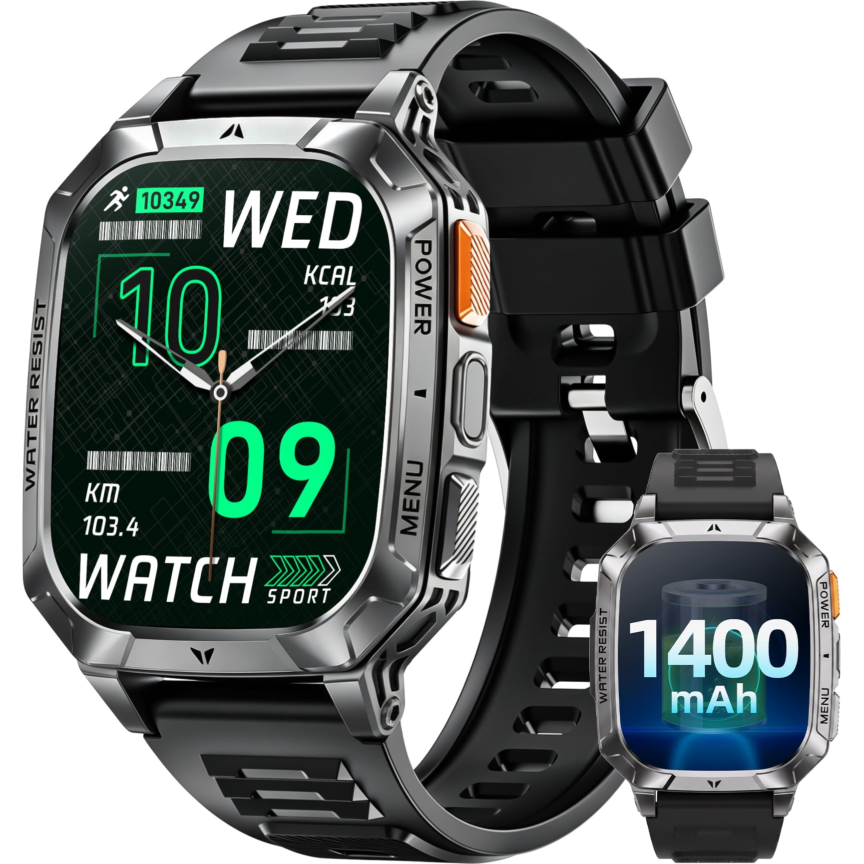 Men’s military smartwatch, 1400mAh battery, LED light, compatible with ...