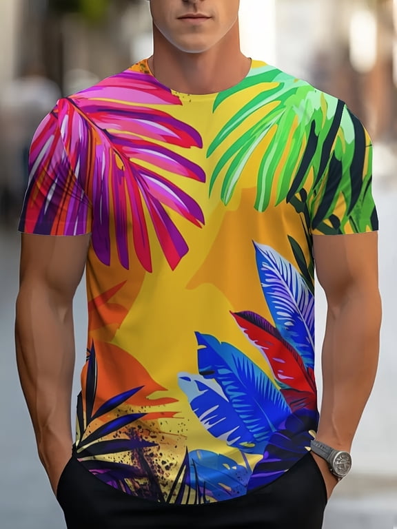 Men's minimalist style T-shirt with tropical leaves - vacation ready to design men's fashionable crew neck pattern T-shirt, comfortable for daily wear in summer