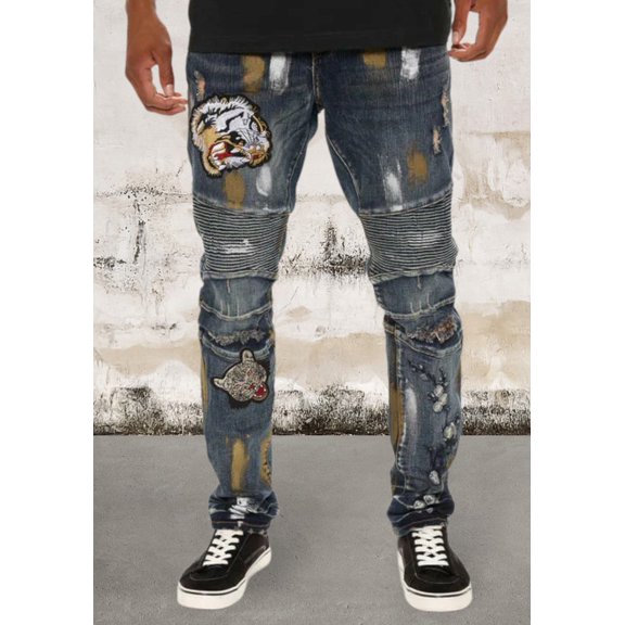 Men's moto ribbed knee patch detail Jeans