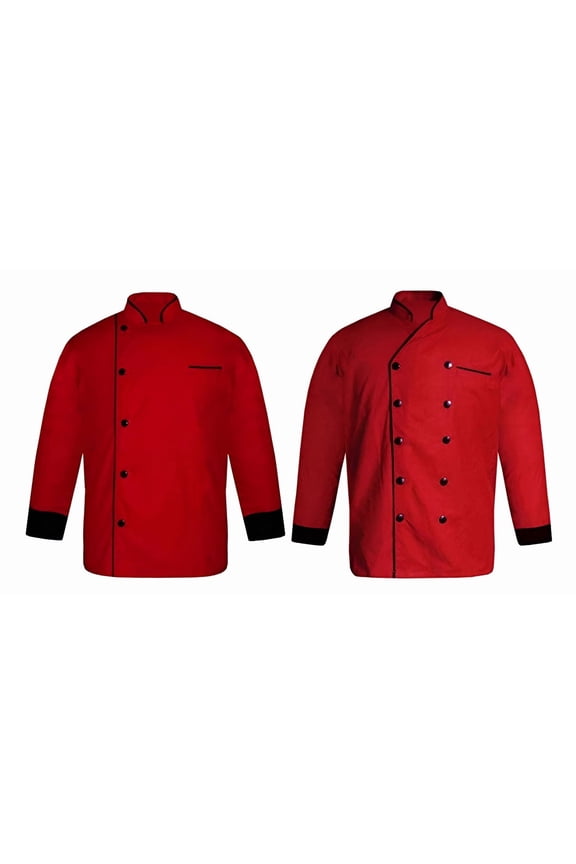 Men's multicolor chef coats (2-pack) with black piping. 3/4 sleeve, ideal for kitchen, bakery, professional cooks & culinary chefs.