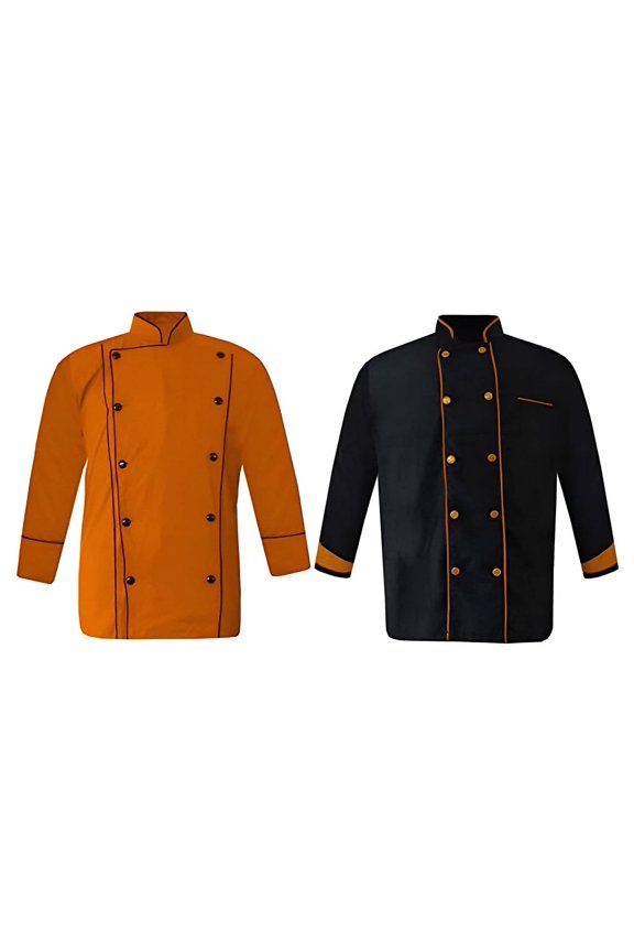 Men's multicolor chef coats (2-pack) with black piping. 3/4 sleeve, ideal for kitchen, bakery, professional cooks & culinary chefs.
