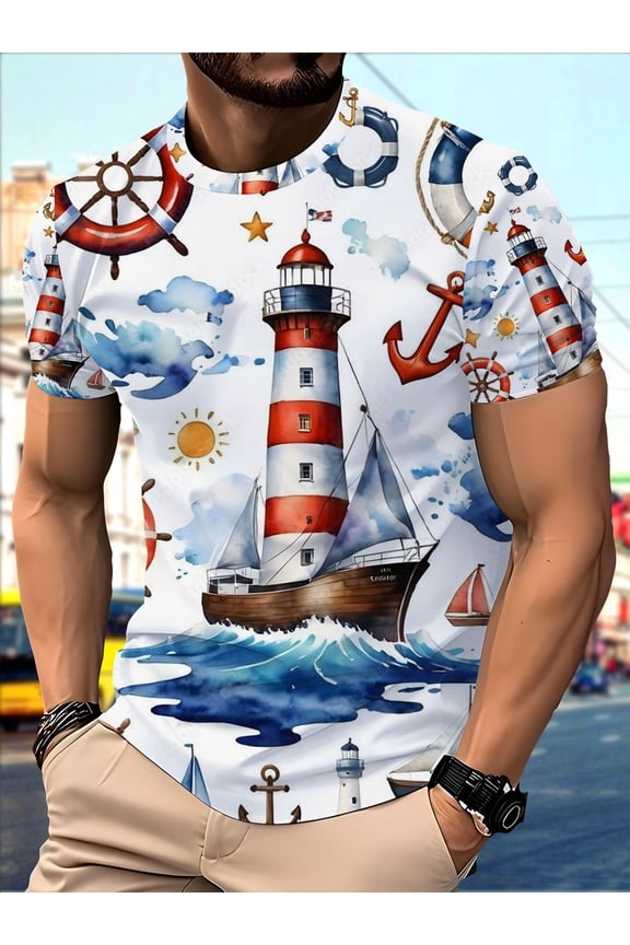 Men's nautical-themed T-shirt with lighthouse, sailboat, anchor and rudder - 3D heat transfer nautical style, short-sleeved crew neck casual beachwear