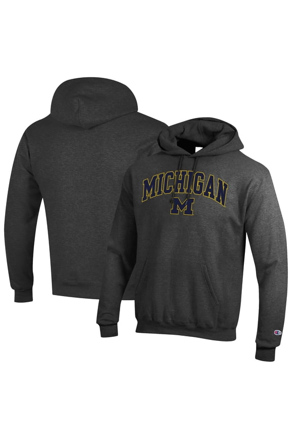 Men's-Champion  Heather Charcoal Michigan Wolverines Arch Over Logo Pullover Hoodie