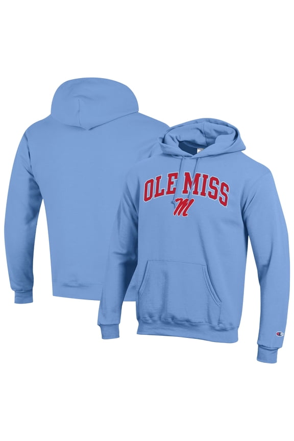 Men's-Champion  Light Blue Ole Miss Rebels Arched Logo Fleece Pullover Hoodie