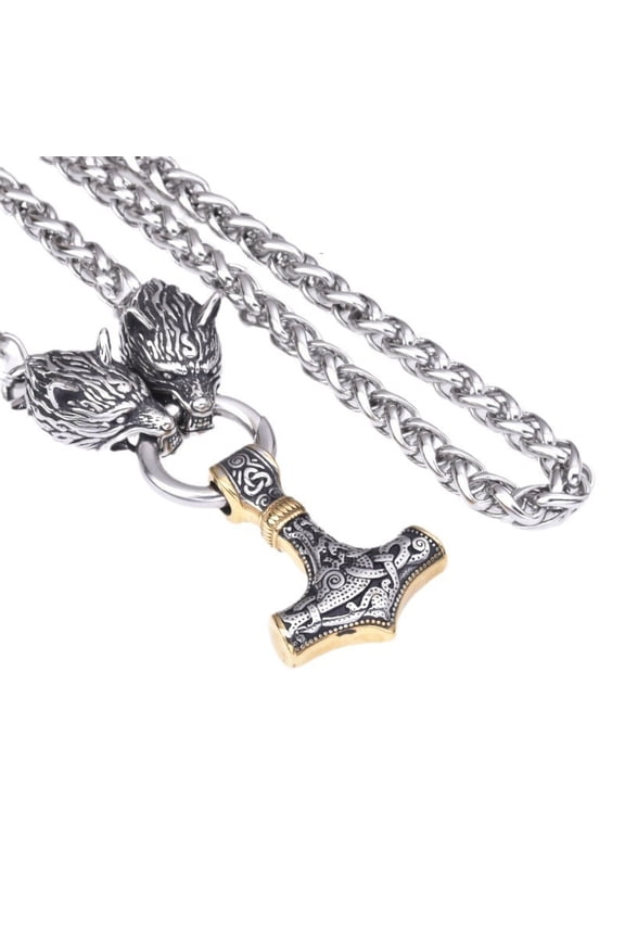 Men's necklace, gold and silver dual tone Thor Hammer pendant thick chain necklace, hip-hop Viking personality retro style stainless steel chain